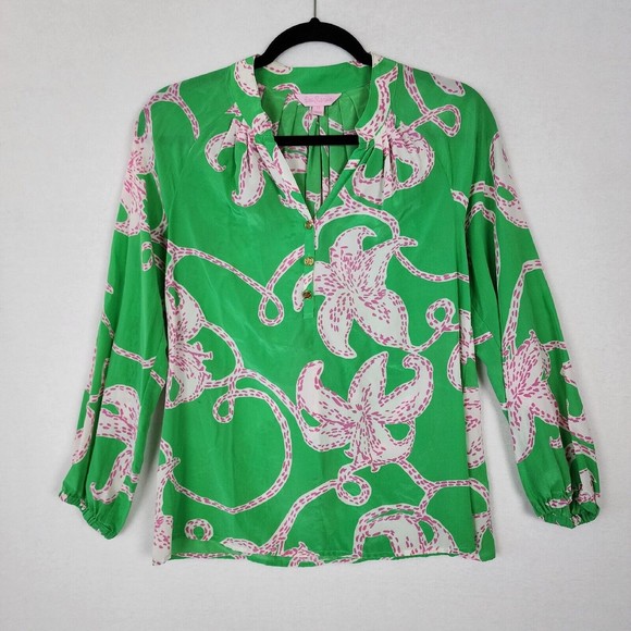 Lilly Pulitzer Rare 100% Silk Twinkle Tunic Top XS Elsa Green Pink Resort Beach - Picture 1 of 10